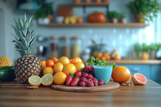of fresh fruits and vegetables on wooden table vibrant smoothies and nutritious salads organic products in kitchen.