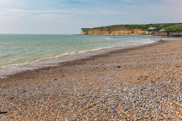 Aerial drone view over the famous, white cliffs of The Seven Sisters Dover, south England.