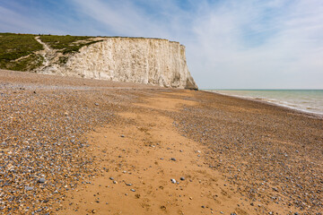 Aerial drone view over the famous, white cliffs of The Seven Sisters Dover, south England.