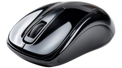 Wireless Computer Mouse: A close-up shot of a sleek, glossy black wireless computer mouse, essential tool for modern technology and effortless navigation.