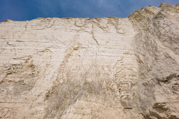 Aerial drone view over the famous, white cliffs of The Seven Sisters Dover, south England.