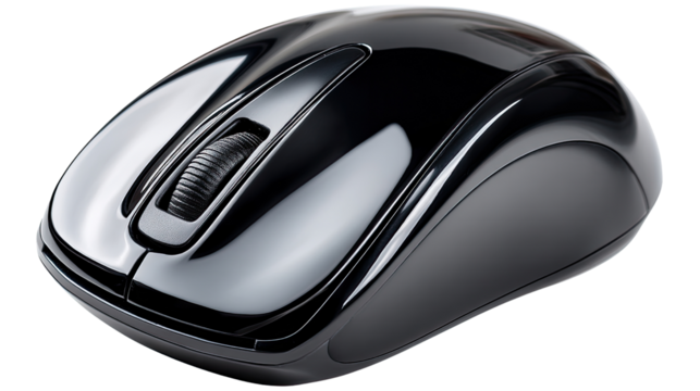 Wireless Computer Mouse: A close-up shot of a sleek, glossy black wireless computer mouse, essential tool for modern technology and effortless navigation.