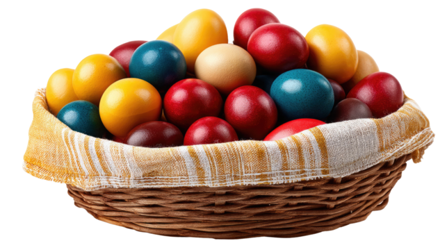 Easter Basket Abundance: A rustic basket overflows with an array of vibrantly colored Easter eggs, a colorful symbol of springtime, renewal, and festive joy.