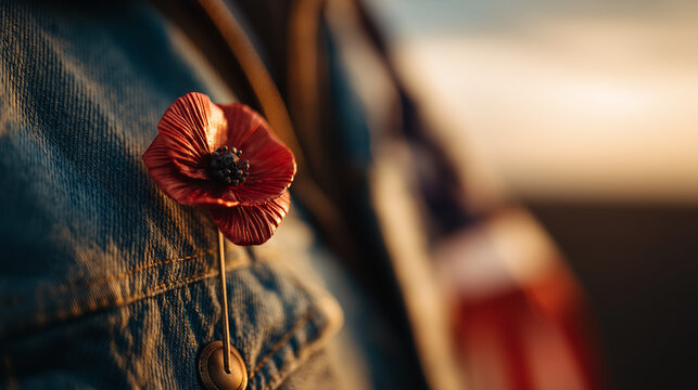 A red poppy on denim honors Memorial Day, with a flag softly behind, bathed in golden light. Remembrance and patriotism in a simple symbol.