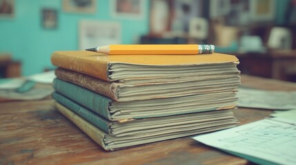 Stacked books and pencil on a wooden table