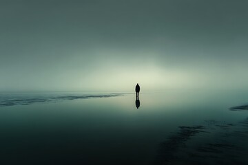 Fototapeta premium A solitary figure reflected in the still waters of a misty beach.