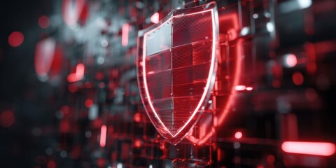 Futuristic Glowing Red Shield Icon for Cybersecurity