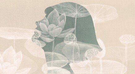 Woman and lotus flowers and leaf. painting illustration. people and nature.	
