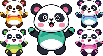 Obraz premium Cute Colorful Cartoon Panda Characters Set Kawaii Vector Illustration for Kids Designs and Educational Projects