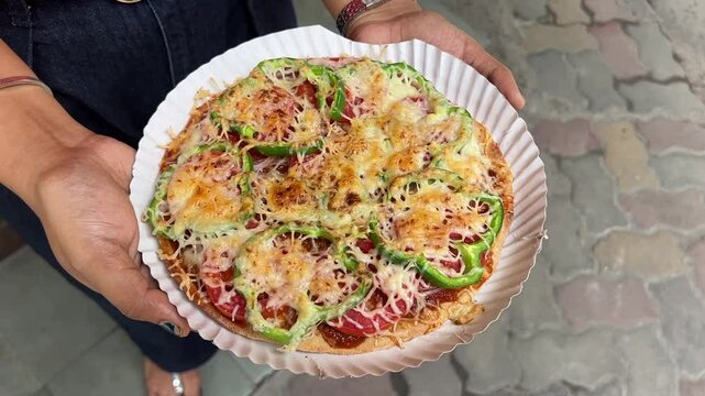 Homemade street style veg pizza served in a white plate in India