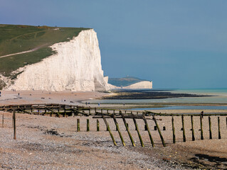 Aerial drone view over the famous, white cliffs of The Seven Sisters Dover, south England.