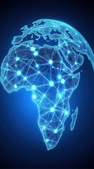 A glowing blue network connects points across the continent of Africa, visualized as a digital, interconnected map