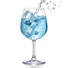 Crystal-clear glass, vibrant sparkling water, playful ascending bubbles, carbonation magic, isolated on white.