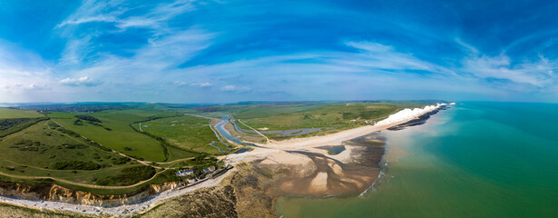 Aerial drone view over the famous, white cliffs of The Seven Sisters Dover, south England.