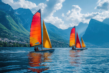 Fototapeta premium of individuals sailing on serene lake their expressions of joy and concentration.