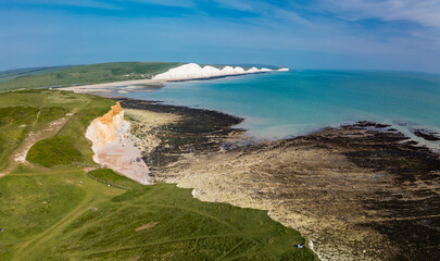 Aerial drone view over the famous, white cliffs of The Seven Sisters Dover, south England.