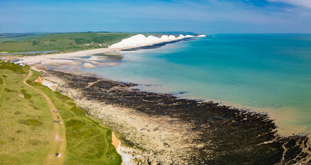 Aerial drone view over the famous, white cliffs of The Seven Sisters Dover, south England.