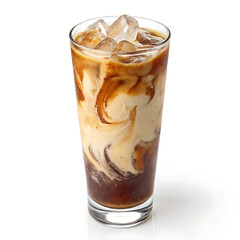 A tall glass held aloft, a cool embrace against the summer heat, where layers of icy coffee met creamy swirls, promised a delightful respite against an isolated white background.