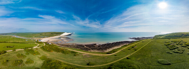 Aerial drone view over the famous, white cliffs of The Seven Sisters Dover, south England.