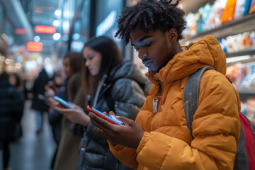 of diverse people engaged in online shopping using smartphones in modern retail environment.