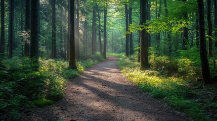Fototapeta premium Forest hiking trail with sunlight filtering through trees