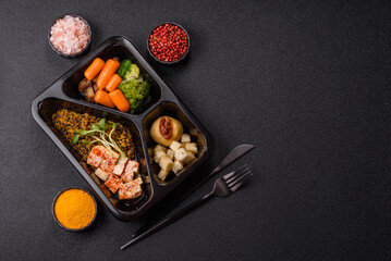 Food bowl with tofu, quinoa, broccoli and carrots, microgreens
