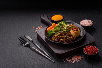 Food bowl with tofu, quinoa, broccoli and carrots, microgreens