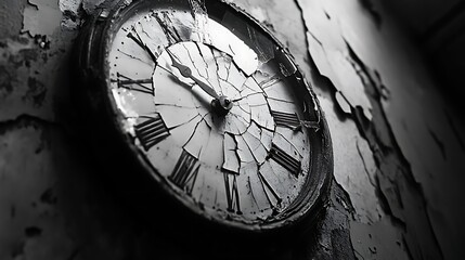 A weathered antique clock on a cracked wall in grayscale.