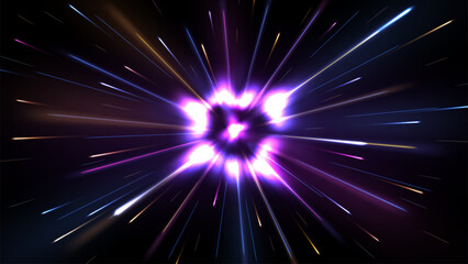 Violet Rays Zoom in Motion Effect, Speed Light Color Trails, Vector Illustration
