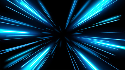 Blue Rays Zoom in Motion Effect, Speed Light Color Trails, Vector Illustration