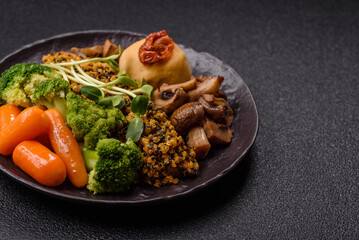 Food bowl with tofu, quinoa, broccoli and carrots, microgreens