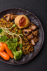 Food bowl with tofu, quinoa, broccoli and carrots, microgreens