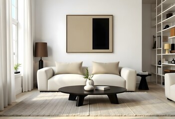A living room with a white couch, a black round table with two vases on top, a white carpet, and an abstract painting on the wall 
