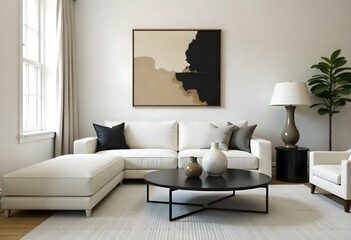 Fototapeta premium A living room with a white couch, a black round table with two vases on top, a white carpet, and an abstract painting on the wall 