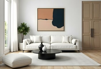 A living room with a white couch, a black round table with two vases on top, a white carpet, and an abstract painting on the wall 