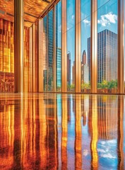 Modern interior with city views.  Reflections on polished floor.  Golden light