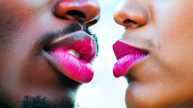 Close-up video of an ebony skinned man in vibrant pink kissing a fair skinned man in bubblegum shades, lips tinted, soft natural light. Concept of youthful lgbtq+ love