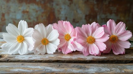 Obraz premium Delicate cosmos blossoms in soft pinks and whites.