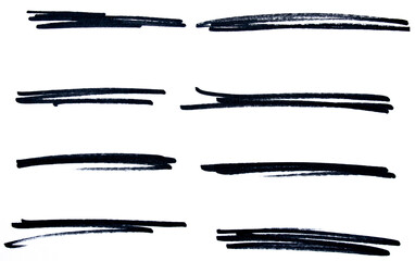 Set of black hand drawn marker pen stroke line transparent background design element doodle scribble underline