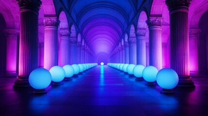 Fototapeta premium Illuminated Columns and Glowing Spheres - A long hallway with columns lit in vibrant pink and blue, featuring a line of glowing spheres leading to the end
