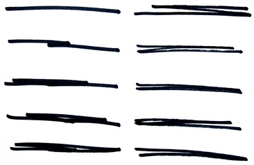 Set of black hand drawn marker pen stroke line transparent background design element doodle scribble underline