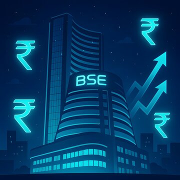 Glowing BSE Stock Exchange Building at Night with Rupee Symbols and Rising Market Arrows - Fintech and Indian Economy Concept Illustration