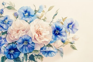 Delicate floral arrangement in pastel shades of blue and cream.