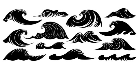 Stylized black wave illustrations, isolated element set vector illustration.