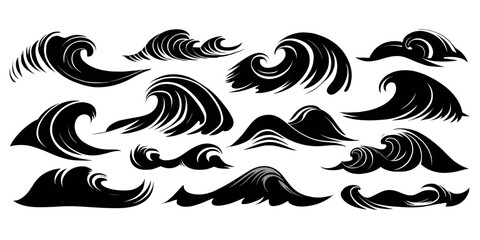 Fototapeta premium Stylized black wave illustrations, isolated element set vector illustration.