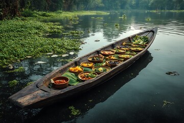 Obraz premium A wooden canoe floating on a tranquil river, carrying a colorful array of freshly prepared dishes, creating a picturesque scene of natural beauty and culinary delights.