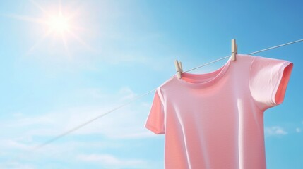 Red shirt blowing gently in the wind on a clothesline, drying under the bright sun.