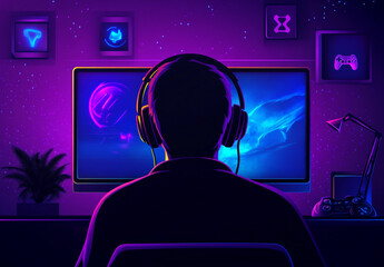 A person wearing headphones is seated in front of a large screen, deeply engaged in a video game. The room is illuminated with purple and blue lights, and various gaming accessories are visible.