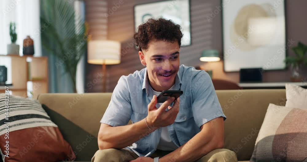 Poster happy man, sofa and talking with speaker phone for audio recording, sound message or voice note at h