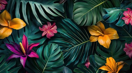 Fototapeta premium Vibrant Tropical Floral Pattern with Lush Green Leaves and Flowers